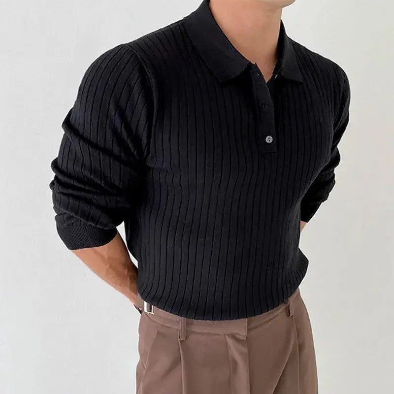 Men's Leisure Knit Polo Shirt Long Sleeve Button-down Premium Luxury Solid Color Popular Pullover Knitwear Streetwear Clothing - Ricks Fashion